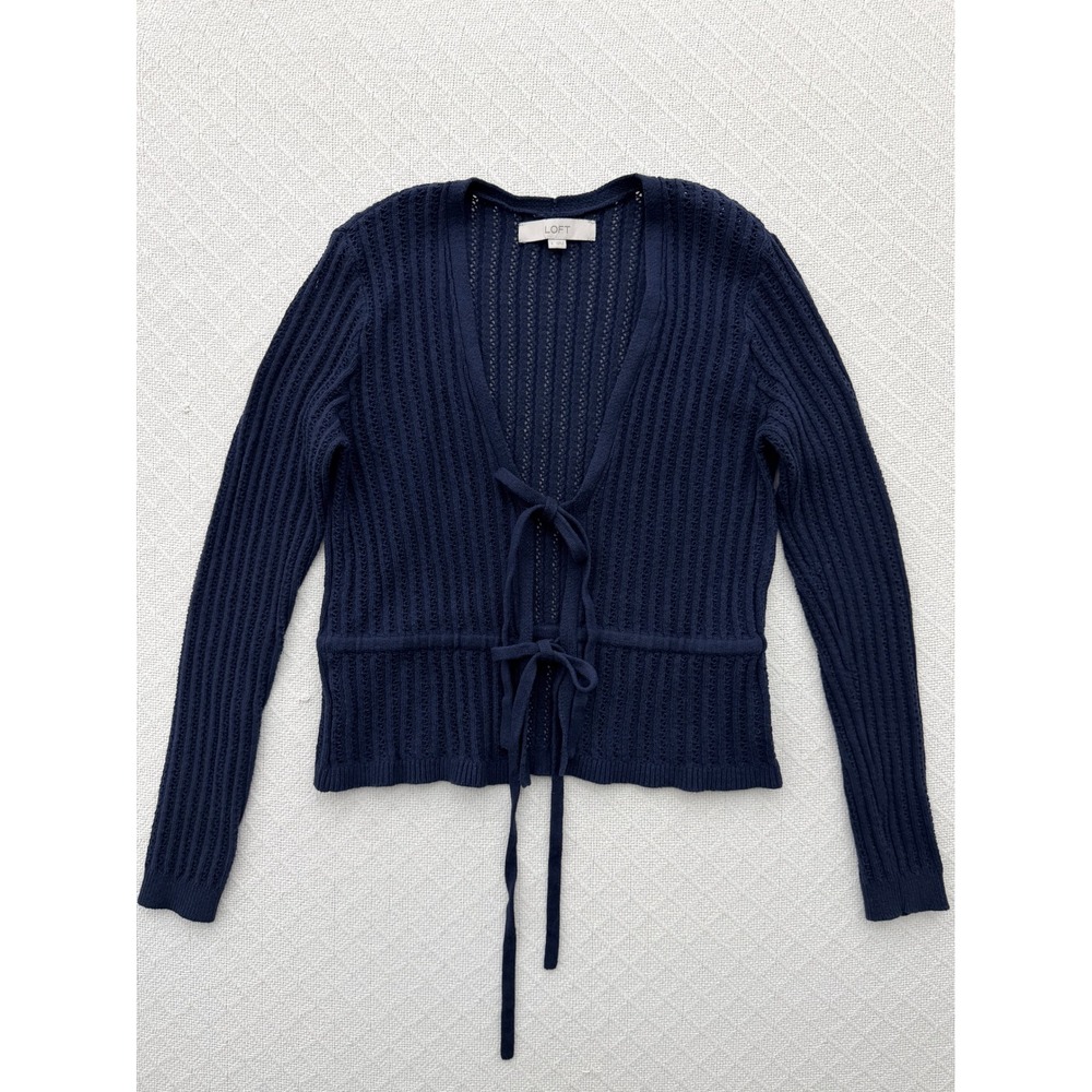 Loft Pointelle Open Knit Double Tie Front V-Neck Cardigan Sweater Navy Small